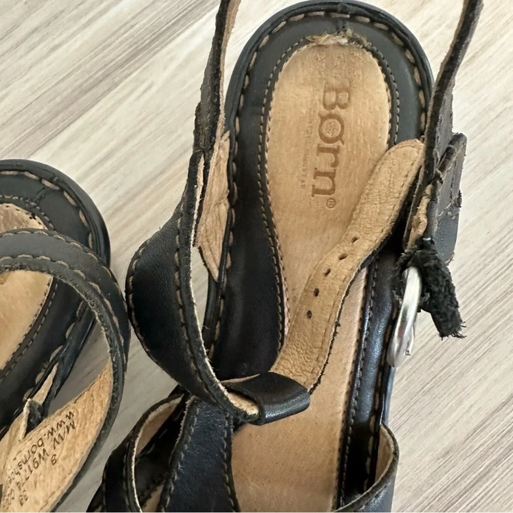 Born Women's Black Leather Strappy Sandals Comfort Wedge Shoes Size‎ 8